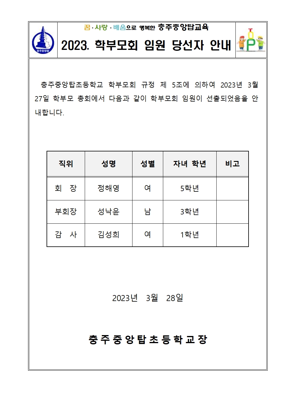 2023. 학부모회 임원 선거 결과 가정통신문001