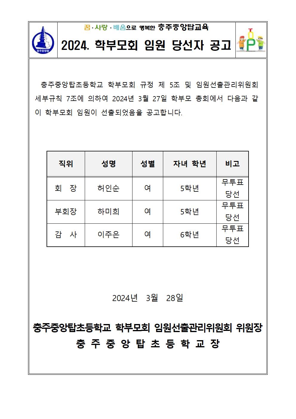 2024. 학부모회 임원 당선자 공고001